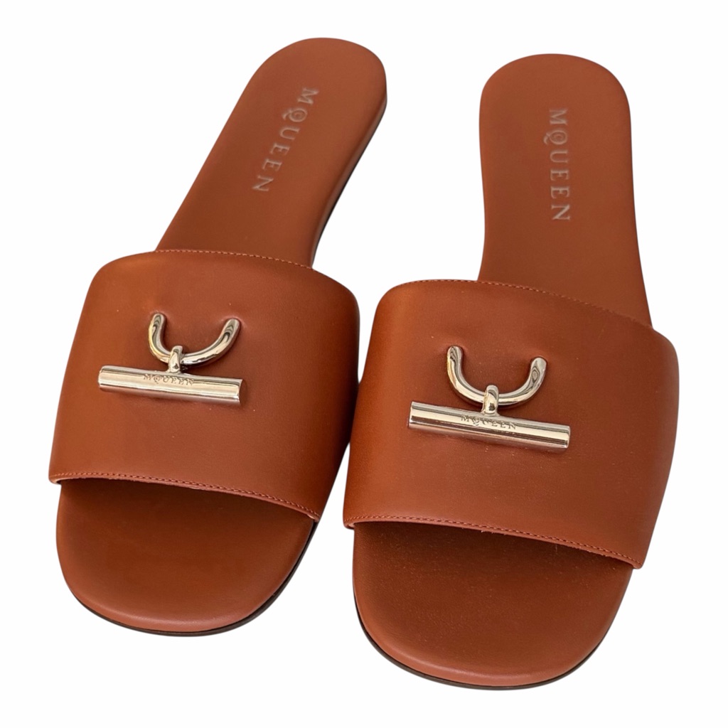 Alexander Mcqueen T Leather Cognac W/ Gold Hardware Slide Sandals Size 38